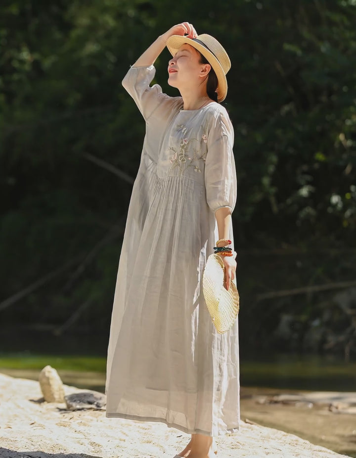 Linen Embroidery Round Neck High Waisted Summer Dresses