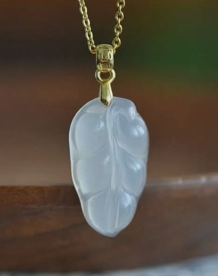 Ice Crystal Clear Chalcedony Leaf Pendant Necklace Amulet for Women