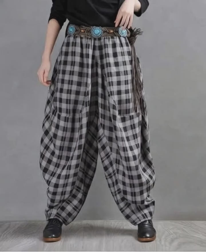 Bohemian Black and White Checkered Linen Bloomers for Women