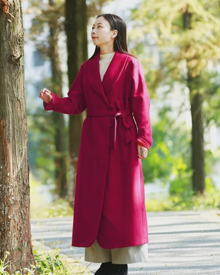 Winter Solid Color Wool Coat Lace Up Slim Fit With Belt