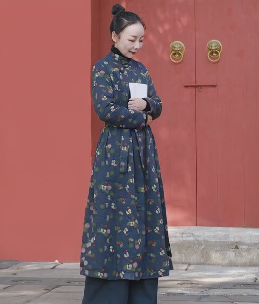 Womens Cotton Floral Chinese Style Tie Waist Dress Navy