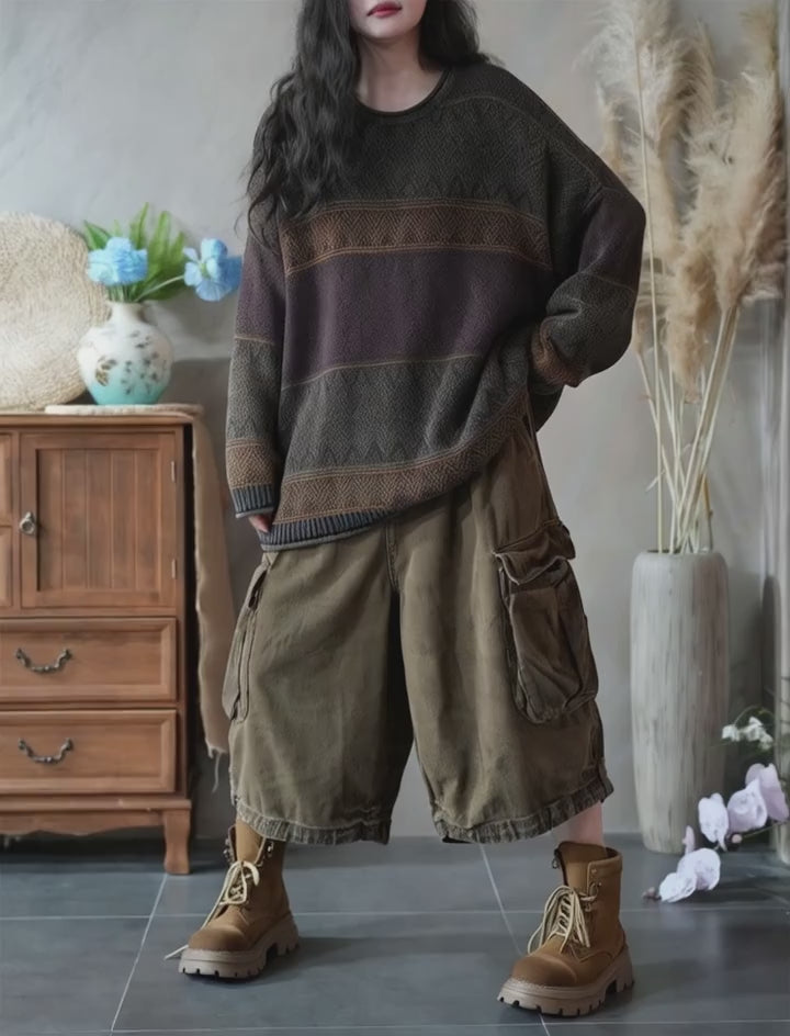 Cotton Oversized Striped Knitted Sweater for Women