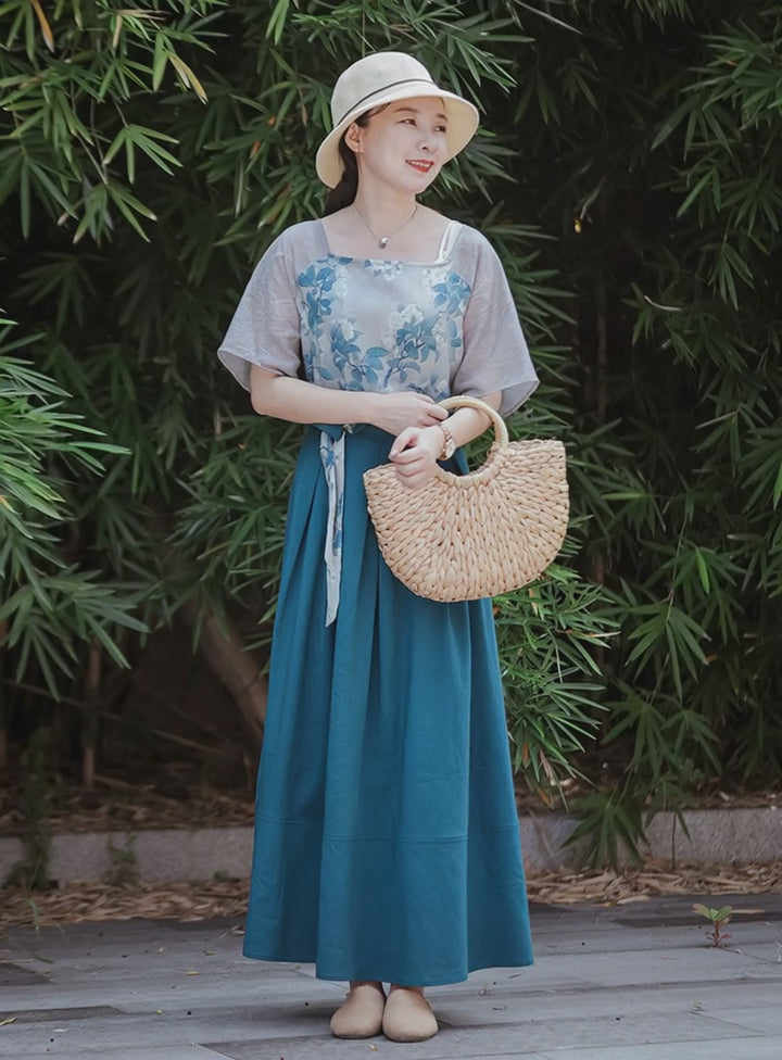 Chinese Linen Patchwork Floral Lace Up High Waist Maxi Dress