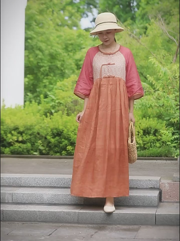 Summer Ramie Orange Patchwork with Pockets Dress for Women
