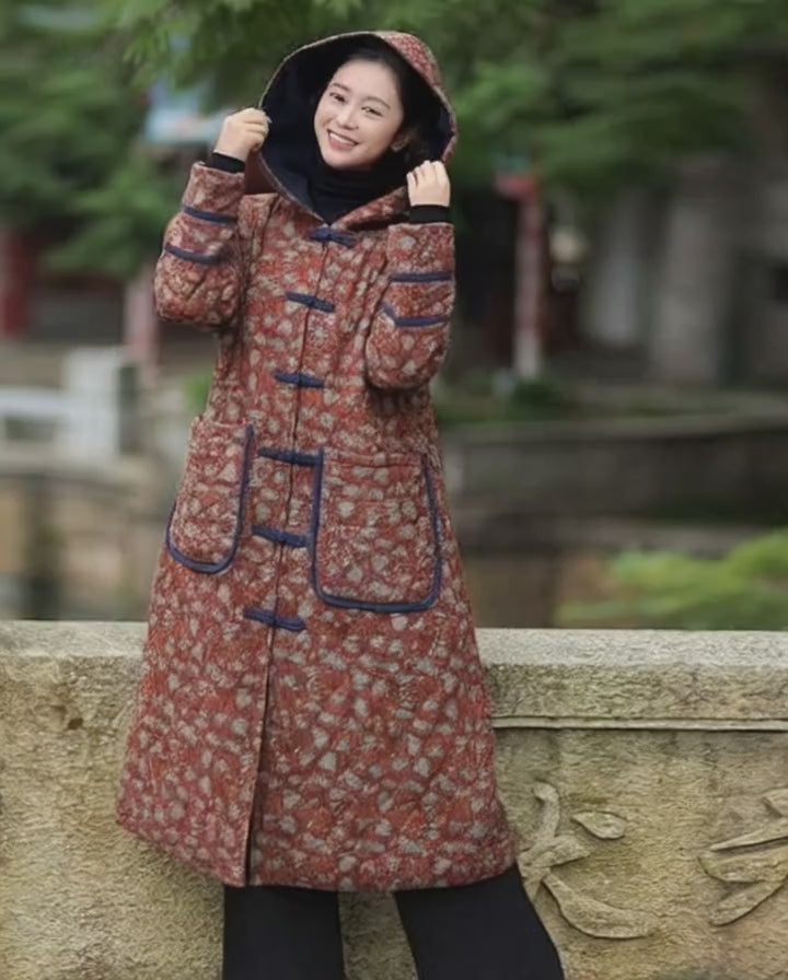 Casual floral hooded winter long women's cotton coat