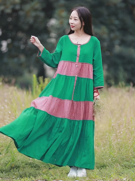 Cotton Floral Boho Midi Dress With Bracelet Sleeves