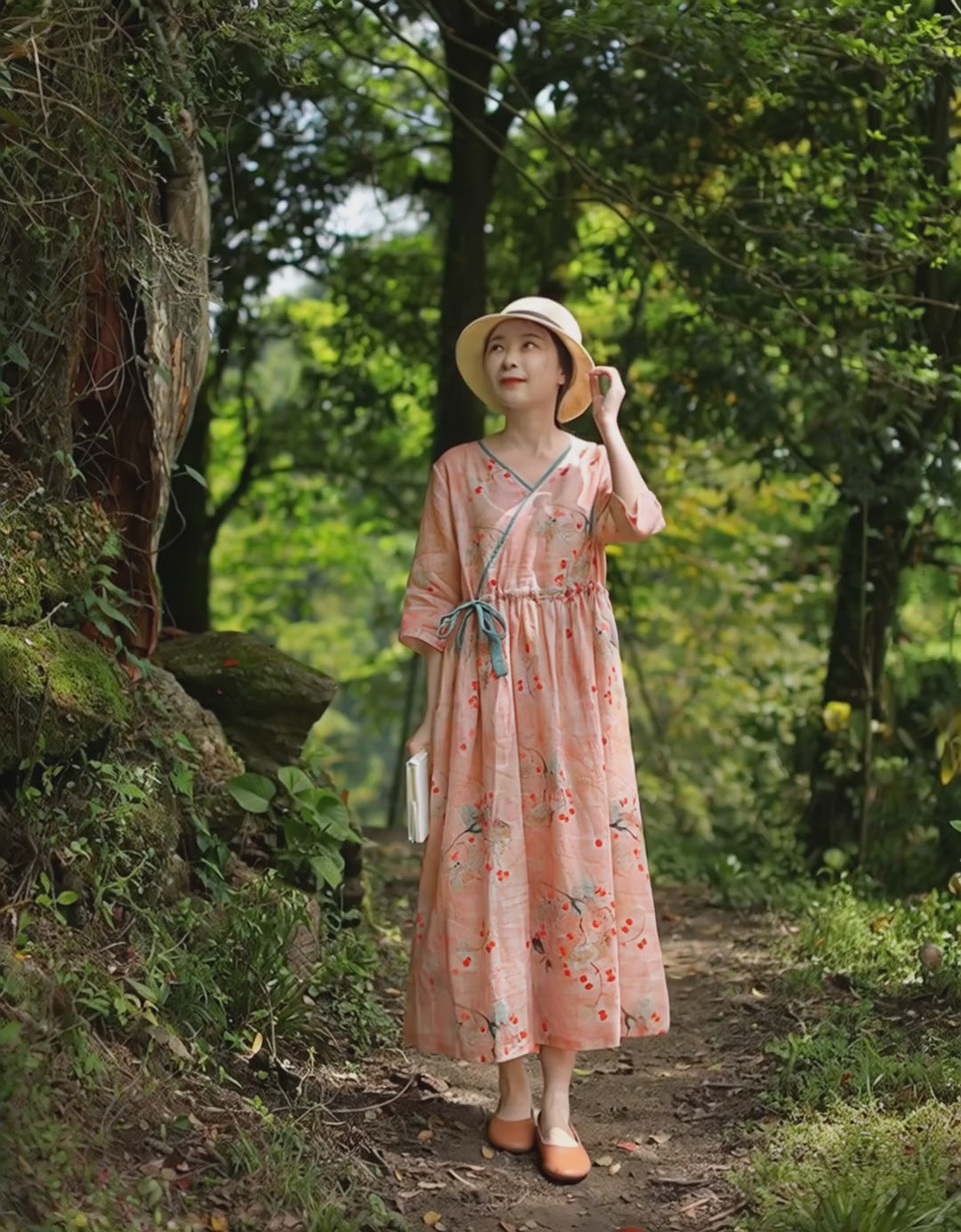 Linen Floral Drape Midi Dress With Half Sleeves Women