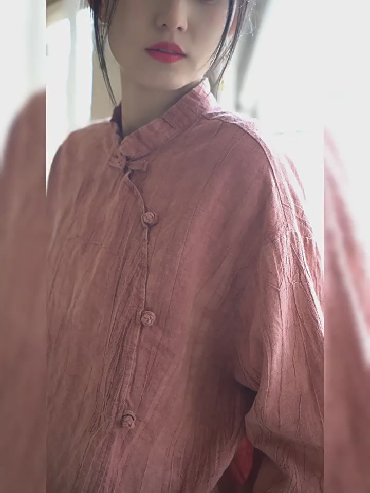 Handmade Retro Tie-Dye Cotton and Linen Sun Shirt for Women