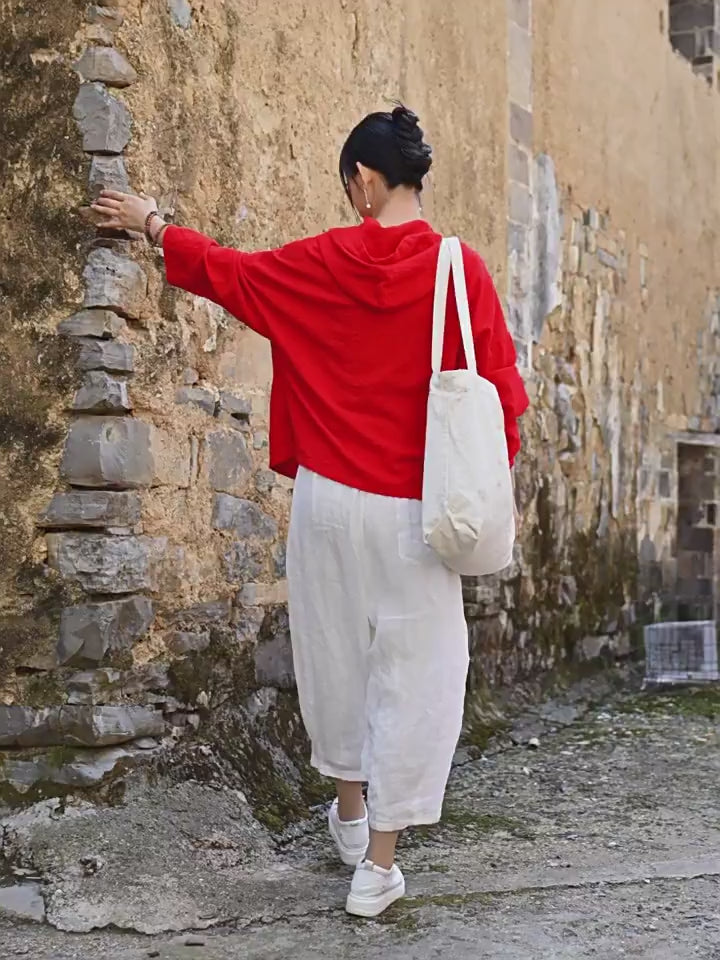 Women's Linen Sand-Washed Hooded Long-Sleeved Blouse