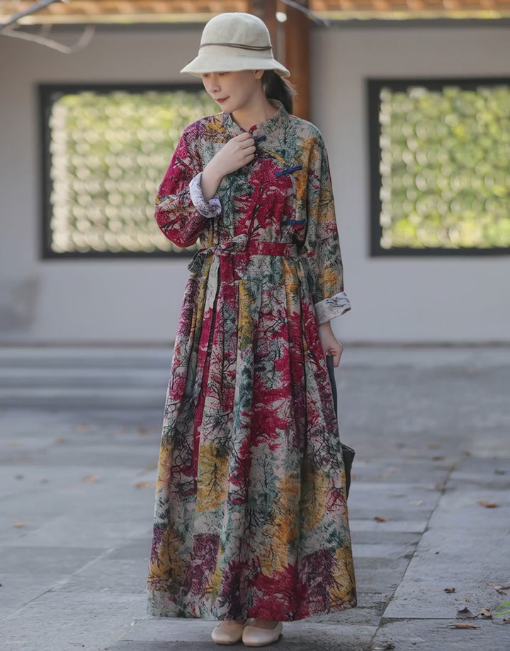 Chinese Style Retro Linen Floral Maxi Dress For Women