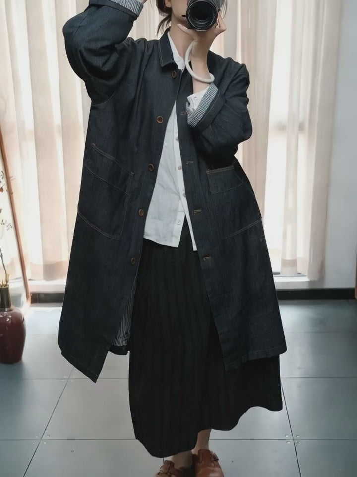 Autumn Blue Denim Midi Trench Coat For Women Long Sleeve