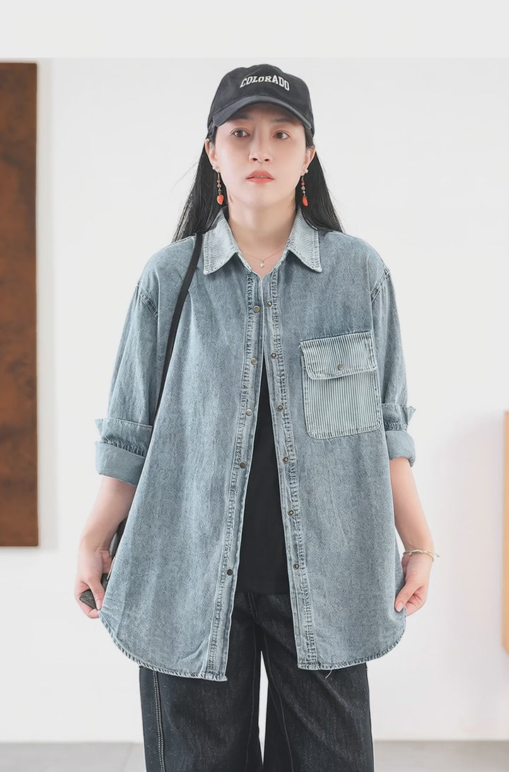 Women's Retro Striped Contrast Denim Shirt