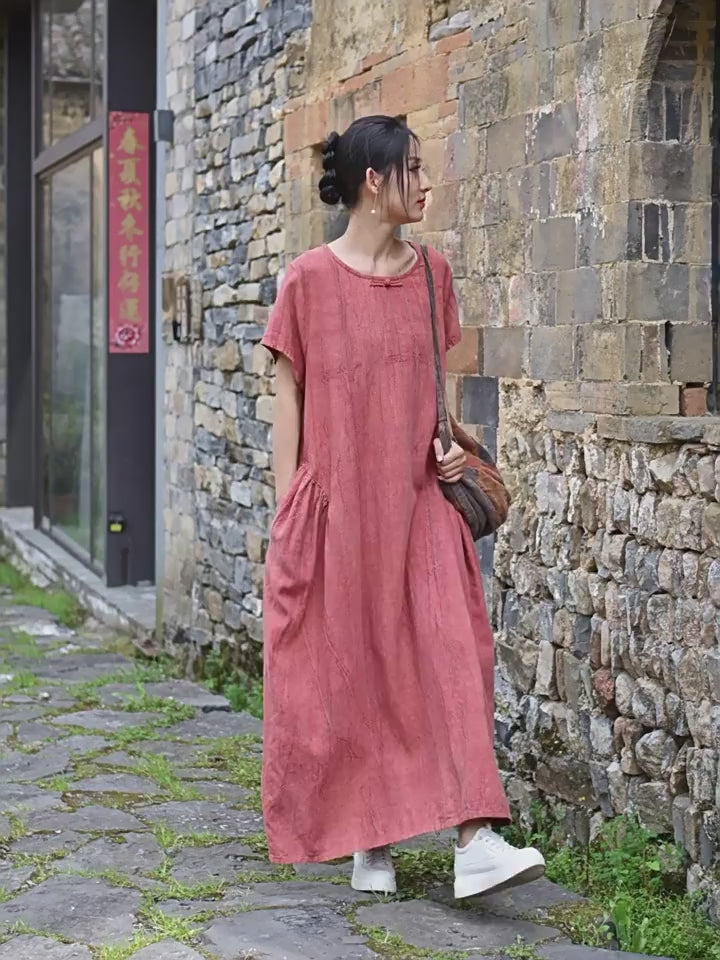 Women's Summer Linen Tie-Dye Short-Sleeved Dress for Comfort