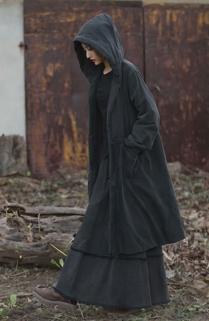 black quilted transitional women's coat maxi coat with hood