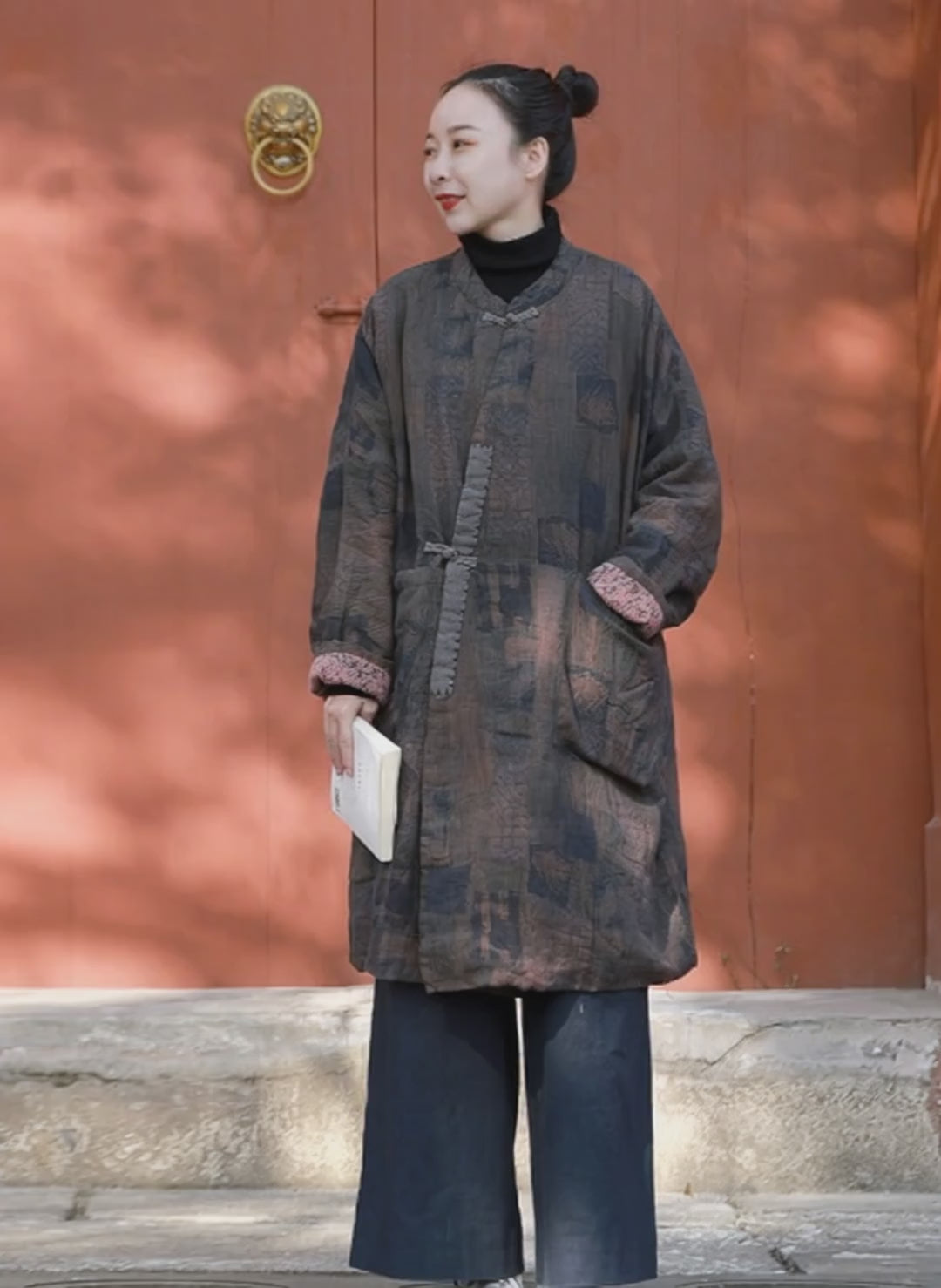 Loose Fit Winter Cardigan Quilted Linen Coat Brown Autumn