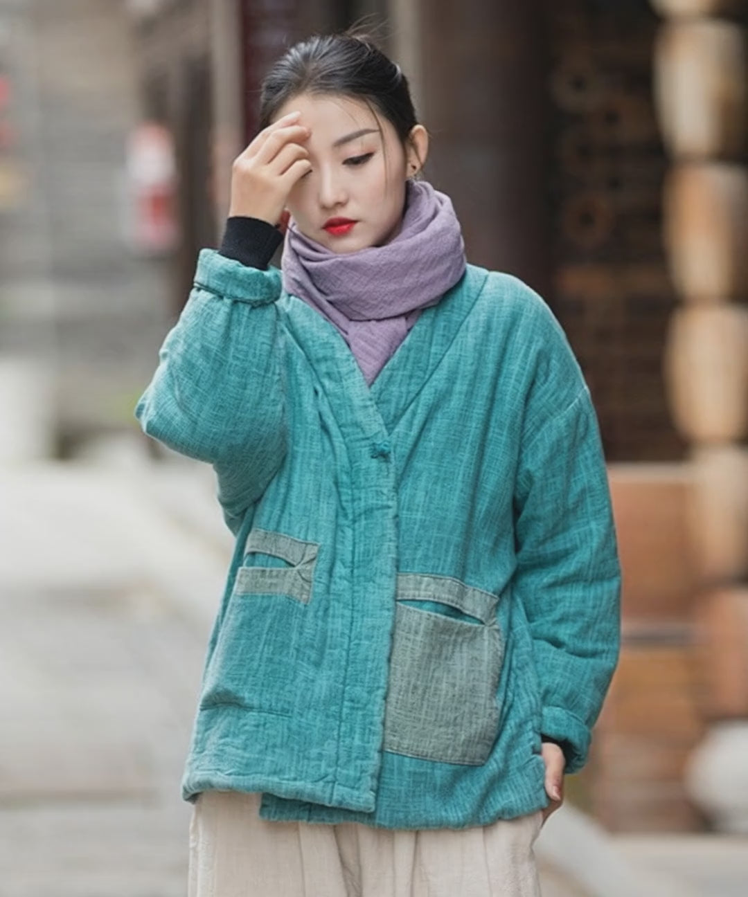 Chic Women's linen Padded Coat for Winter in Retro Style