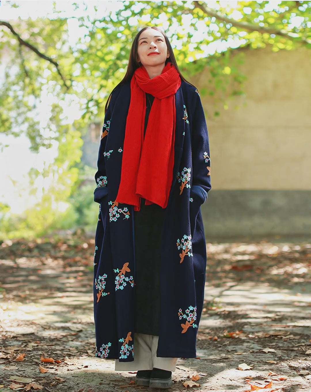 Womens Chinese Retro Floral Long Wool Coat Cardigan Style