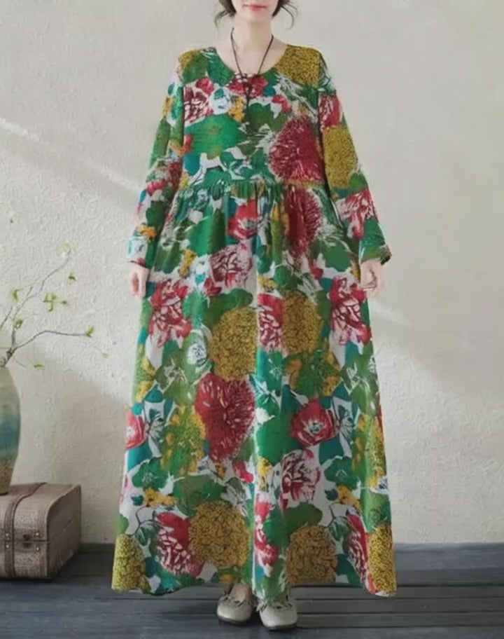 Women's Boho Green Floral Print Cotton Dress