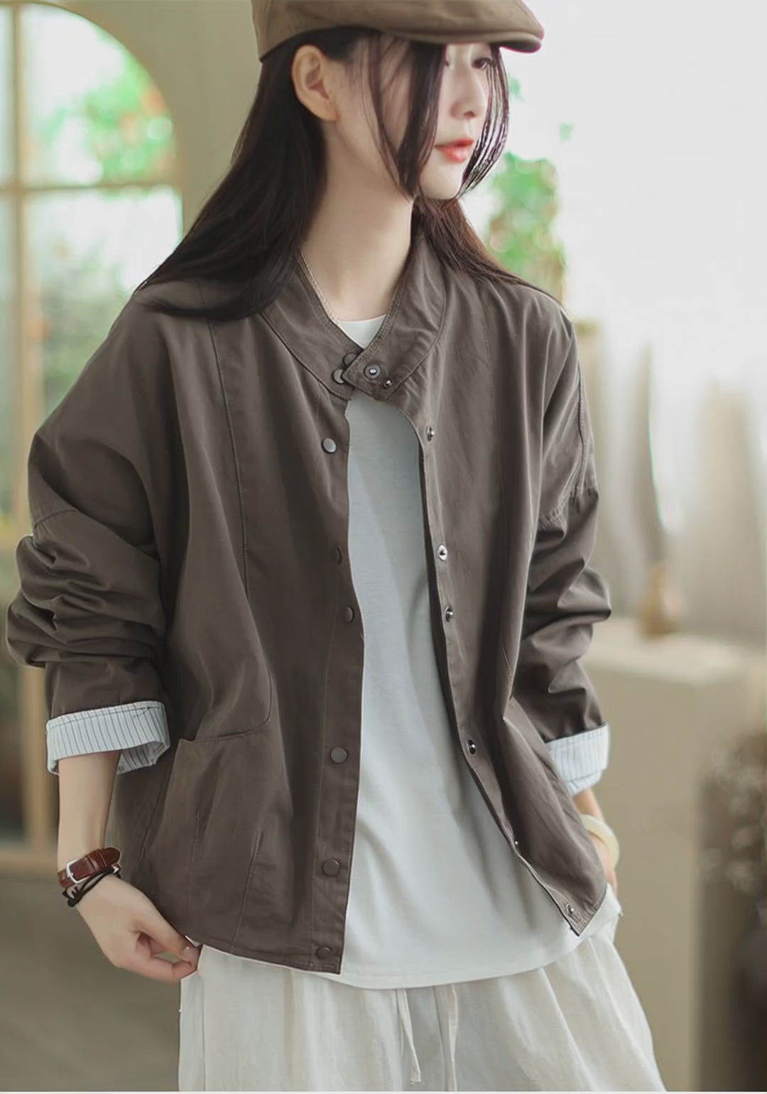 Trendy Fall Outfits Cotton Cropped Cardigan with Stand Collar Top
