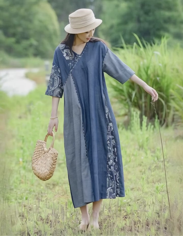 Blue Cotton Patchwork V Neck Maxi Dress For Women Casual
