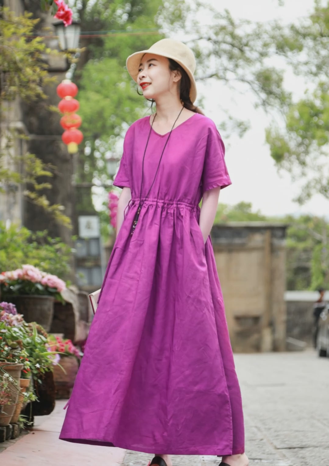 Summer Purple Linen Wrap Dress for Women