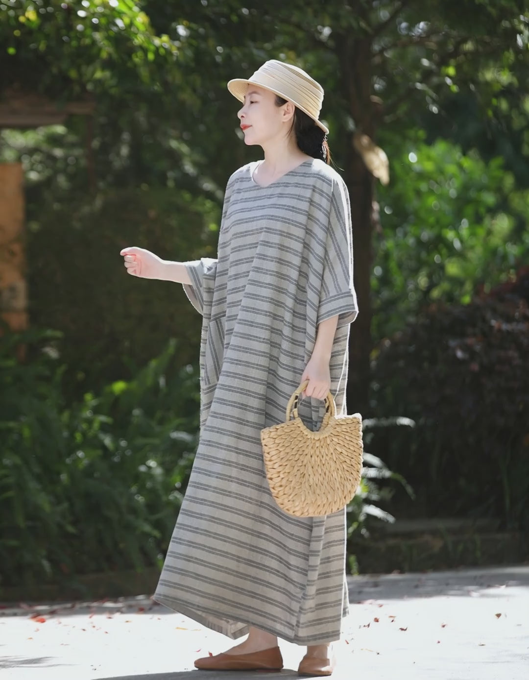 Summer Linen gray Oversized Striped Dress for Women
