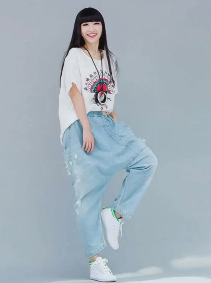 Women's summer blue denim casual pants with pockets pencil pants