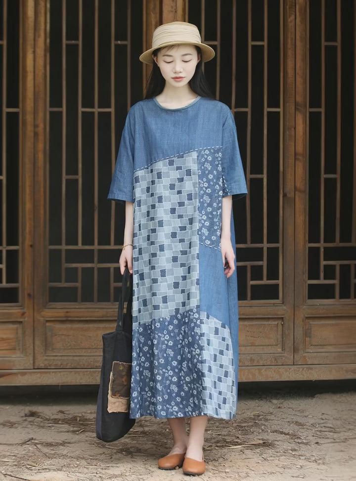 Blue Patchwork Cotton Midi Dress for Women Round Neck
