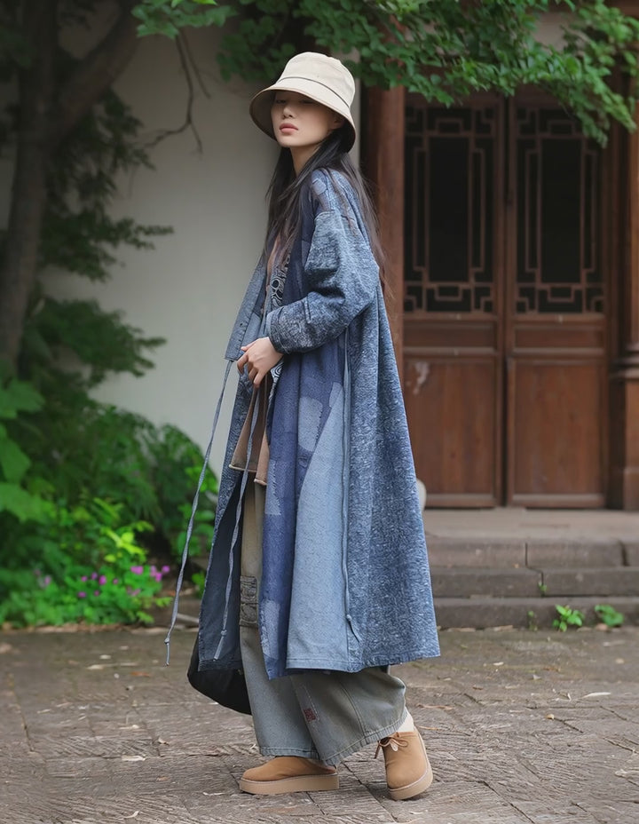 Autumn Indigo Dye Denim Cardigan With Printed Oversized