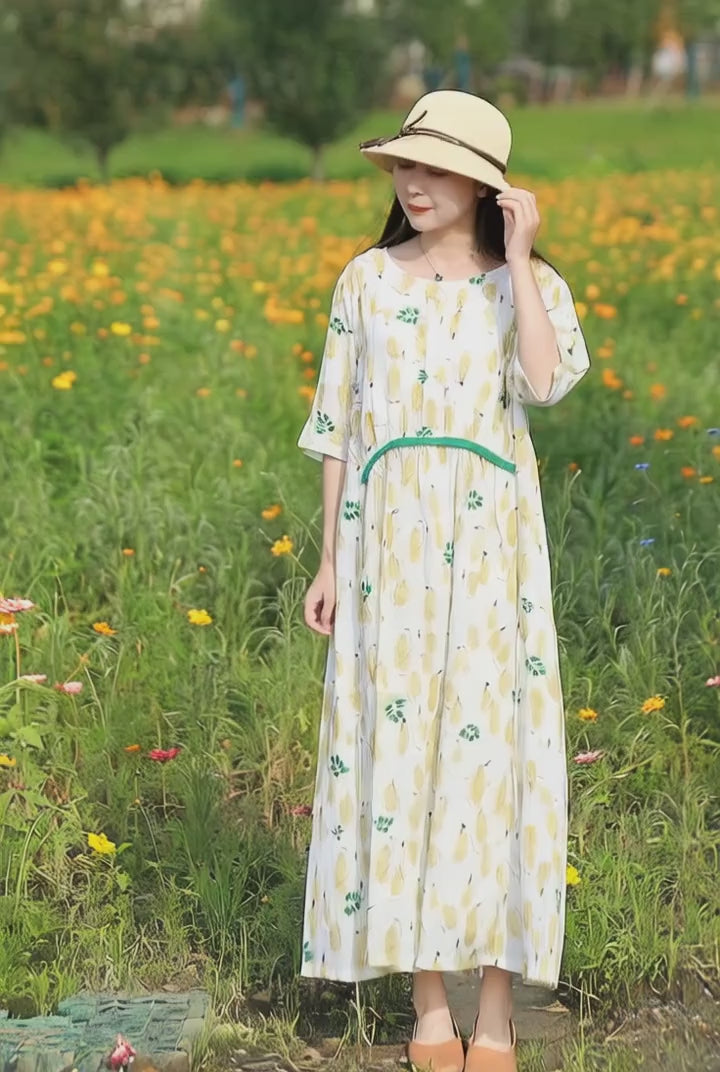 Linen Floral Print Round Neck Oversized Maxi Dresses Women
