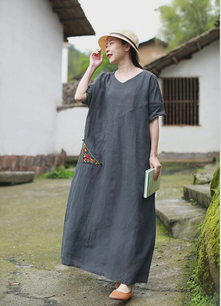 Gray Linen Embroidered Half Sleeves Maxi Dress For Women
