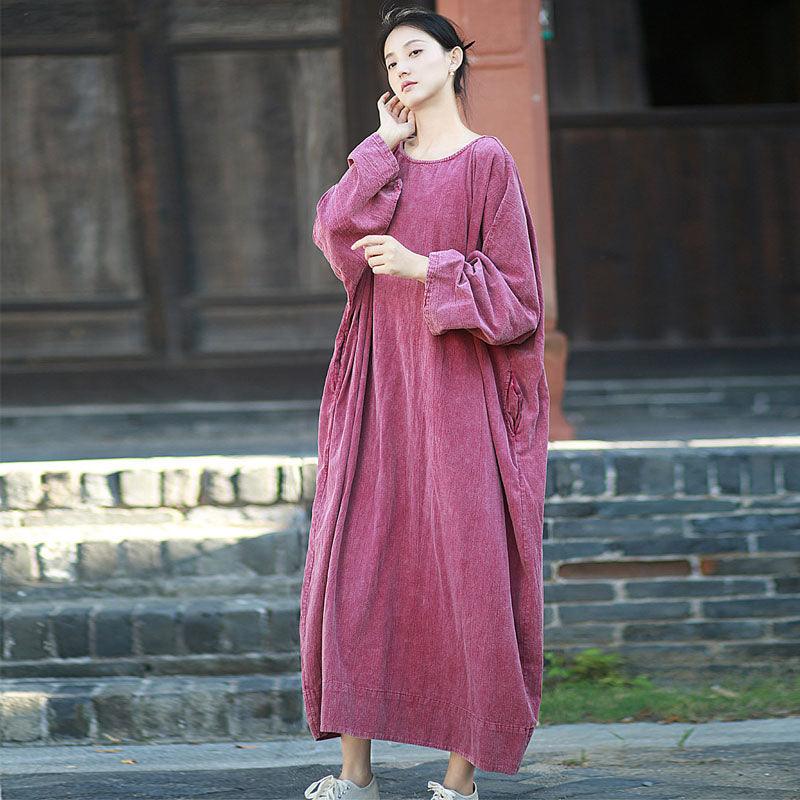 Retro Long Sleeves Maxi Dress Linen Dress Robe for Women Thebesttailor