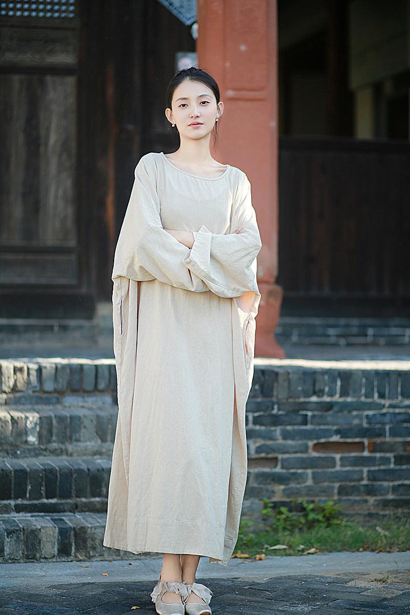 Retro Long Sleeves Maxi Dress Linen Dress Robe for Women Thebesttailor