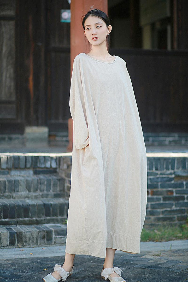 Retro Long Sleeves Maxi Dress Linen Dress Robe for Women Thebesttailor