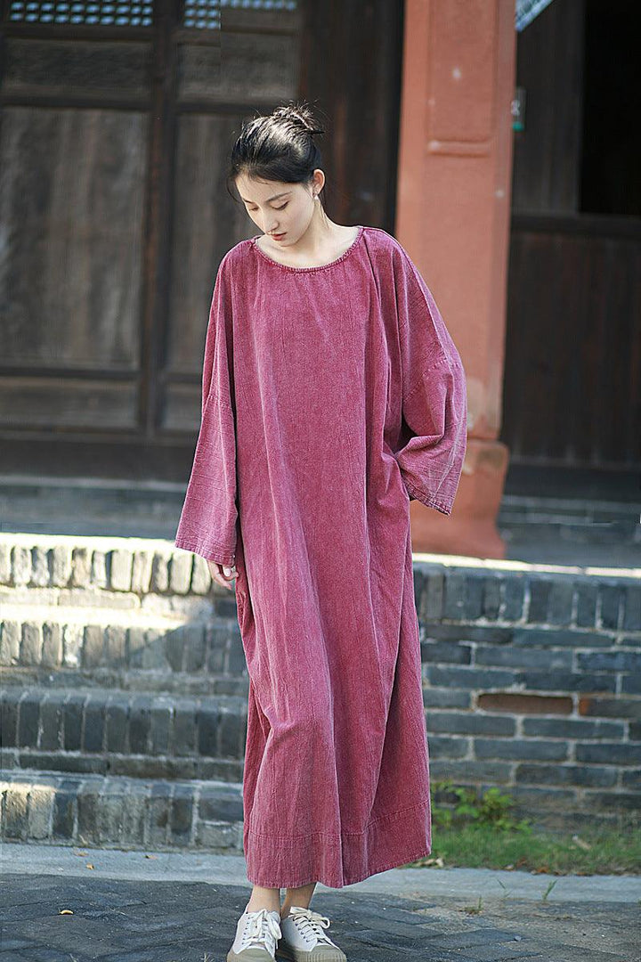 Retro Long Sleeves Maxi Dress Linen Dress Robe for Women Thebesttailor