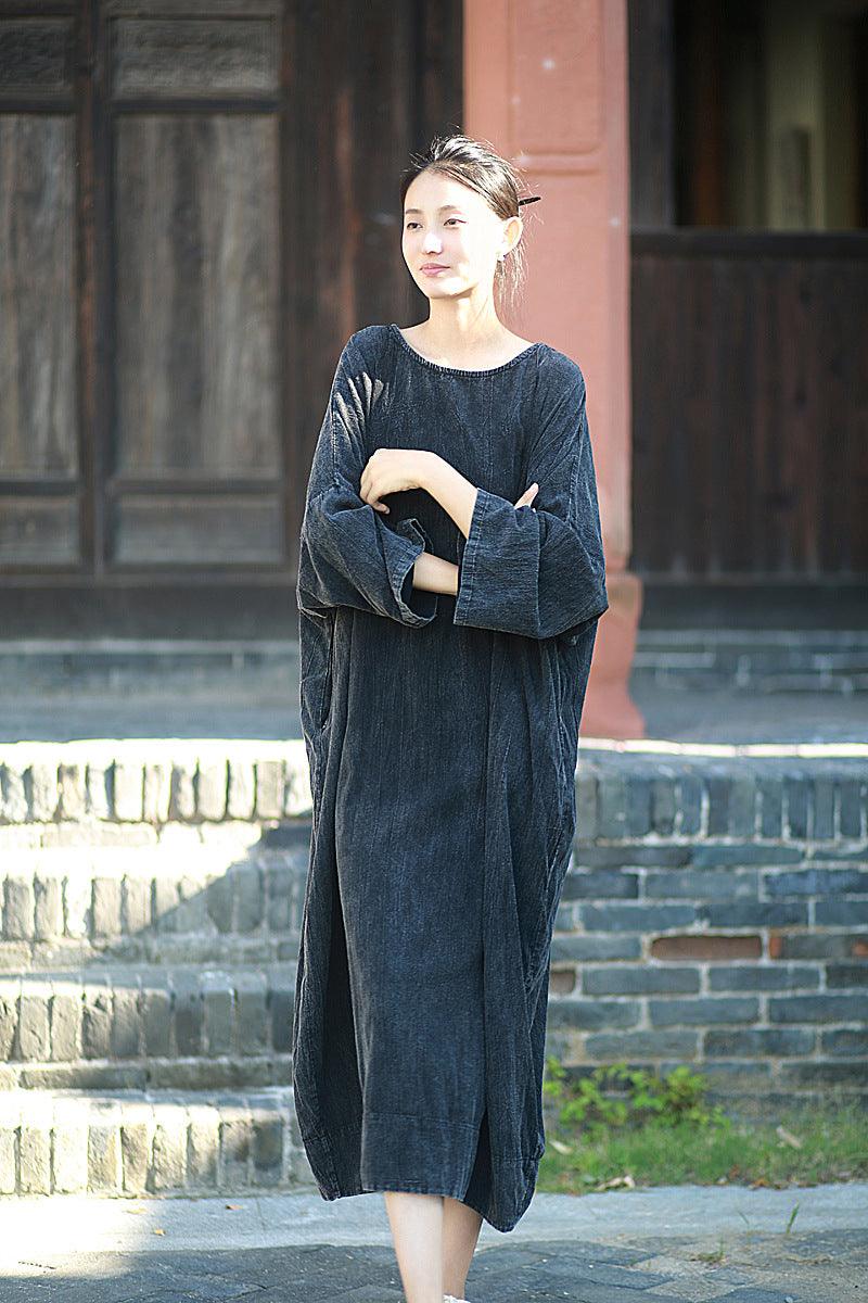 Retro Long Sleeves Maxi Dress Linen Dress Robe for Women Thebesttailor