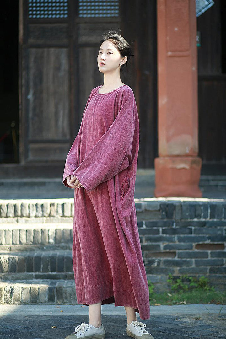 Retro Long Sleeves Maxi Dress Linen Dress Robe for Women Thebesttailor