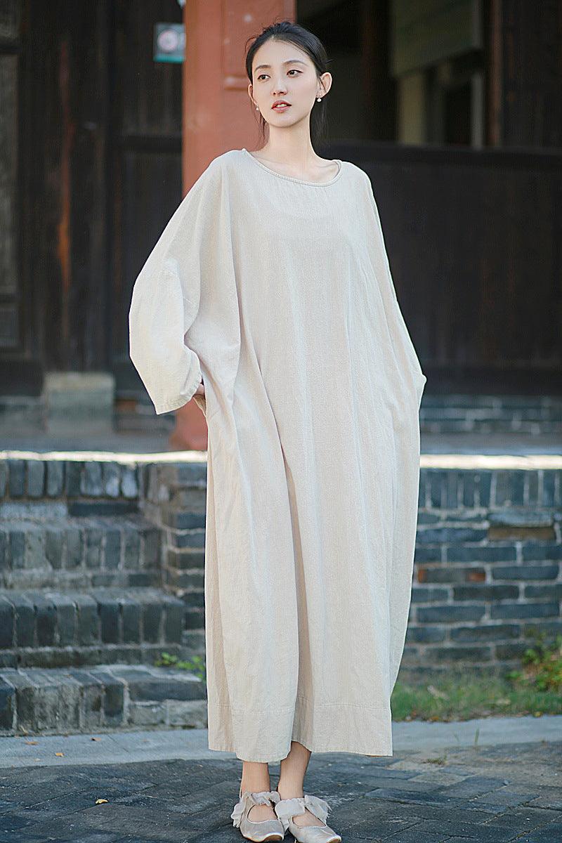Retro Long Sleeves Maxi Dress Linen Dress Robe for Women Thebesttailor