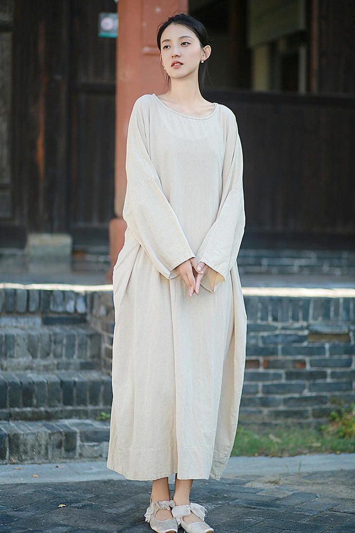 Retro Long Sleeves Maxi Dress Linen Dress Robe for Women Thebesttailor