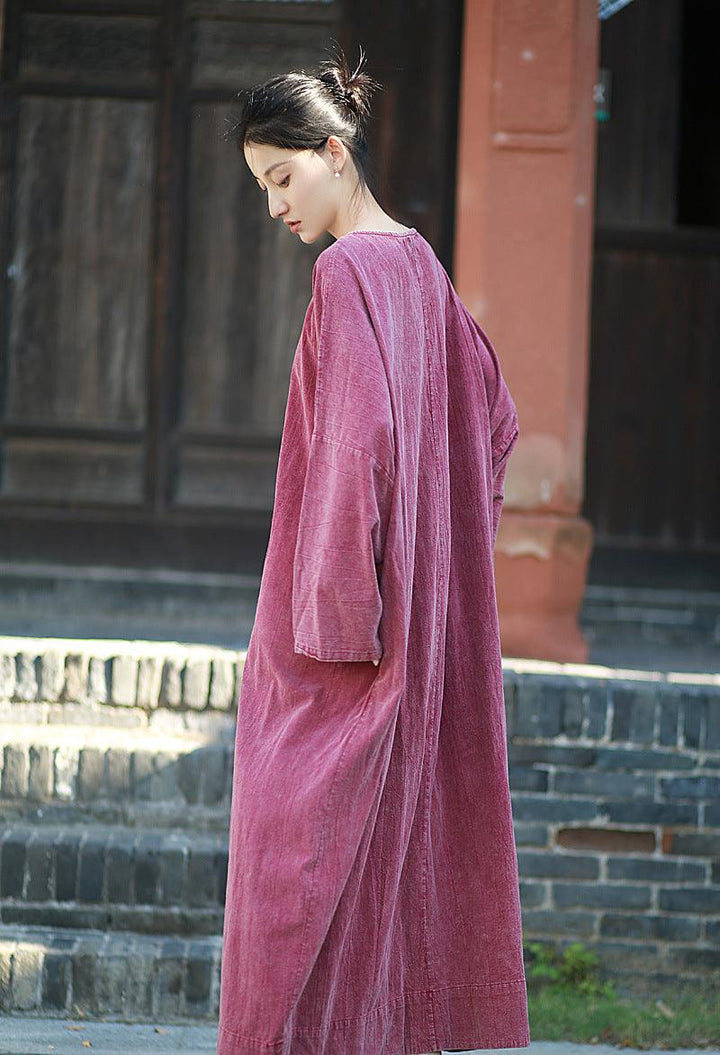 Retro Long Sleeves Maxi Dress Linen Dress Robe for Women Thebesttailor