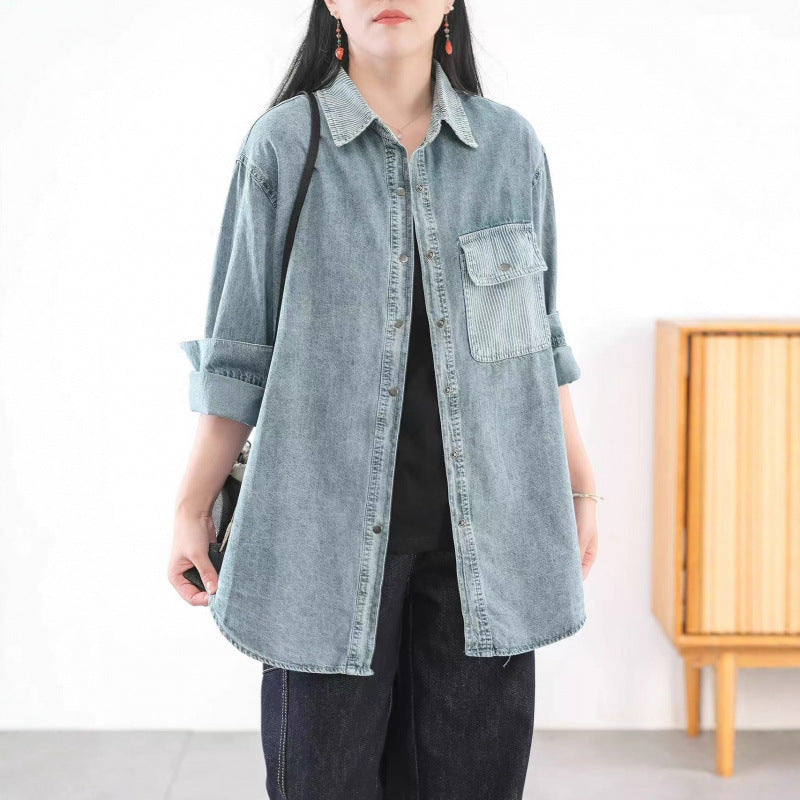 Women's Retro Striped Contrast Denim Shirt