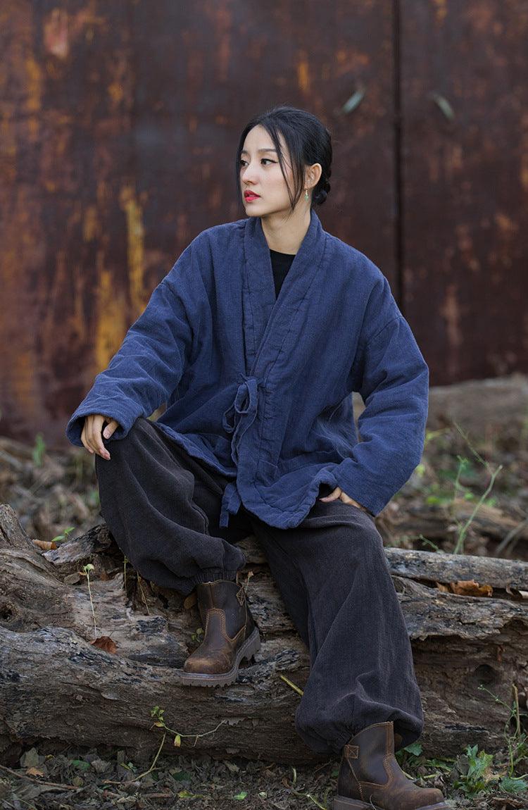 Retro Ramie Padded Lace-Up Winter Coat for Women by Thebesttailor