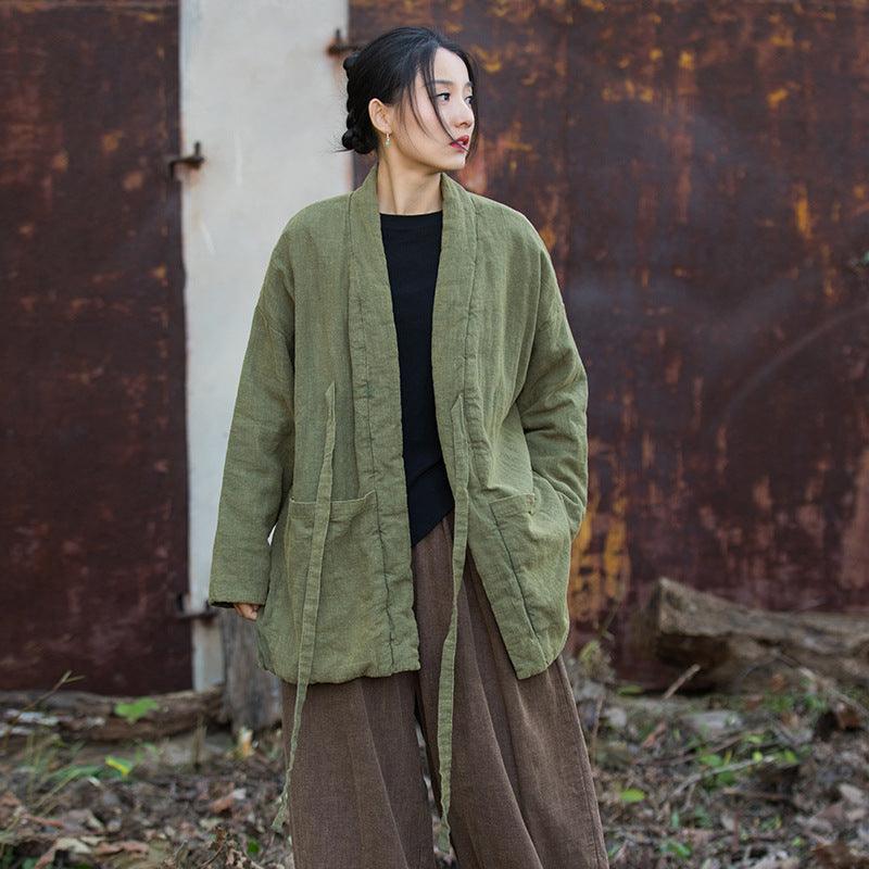 Retro Ramie Padded Lace-Up Winter Coat for Women-Women's Shirt-Thebesttailor-One size-Green-Ramie-Thebesttailor