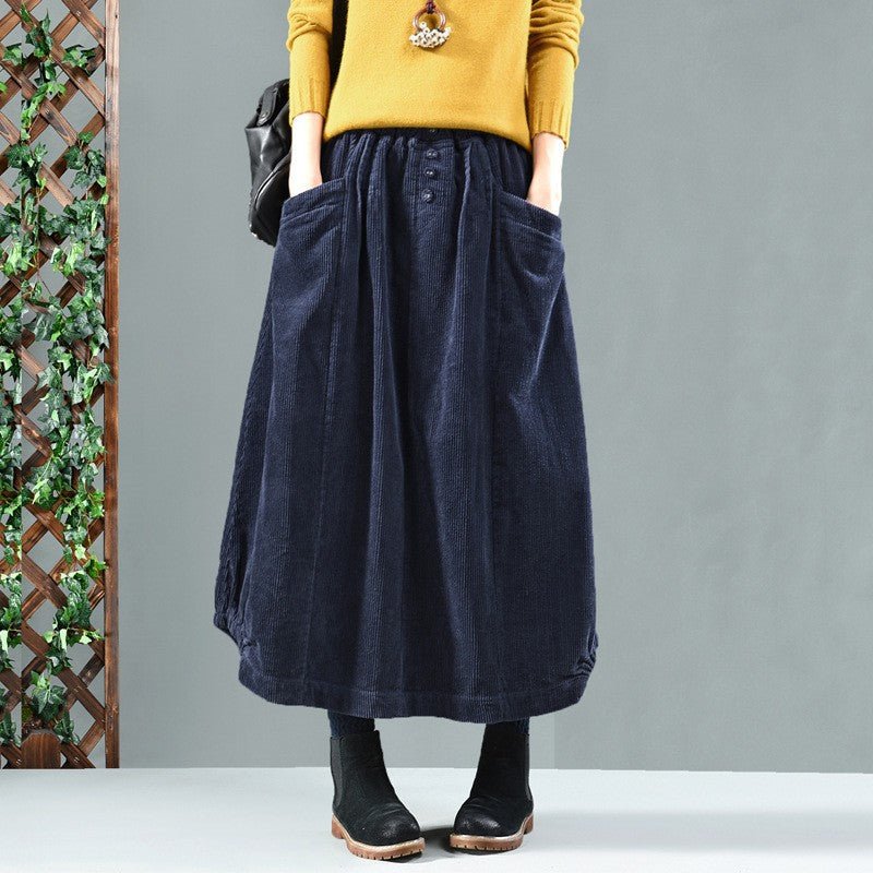 Skirt Midi Women Spring Corduroy Skirt with Pockets