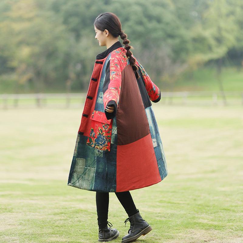 Spliced linen coat for women, winter filling cotton coat by Thebesttailor