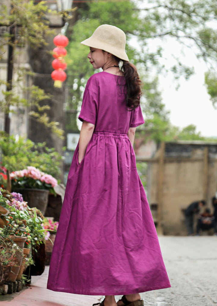 Summer Purple Linen Wrap Dress for Women