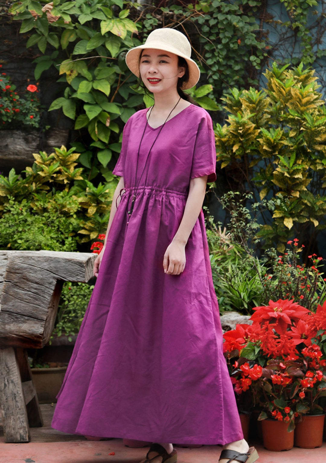 Summer Purple Linen Wrap Dress for Women