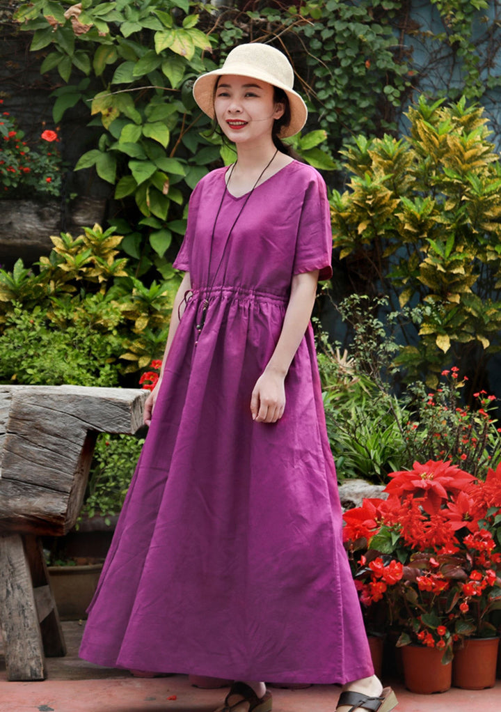 Summer Purple Linen Wrap Dress for Women
