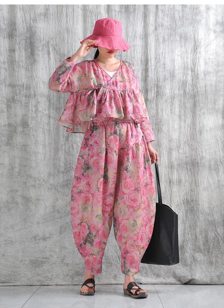Summer Linen Floral Top And Harem Pants Set by Thebesttailor