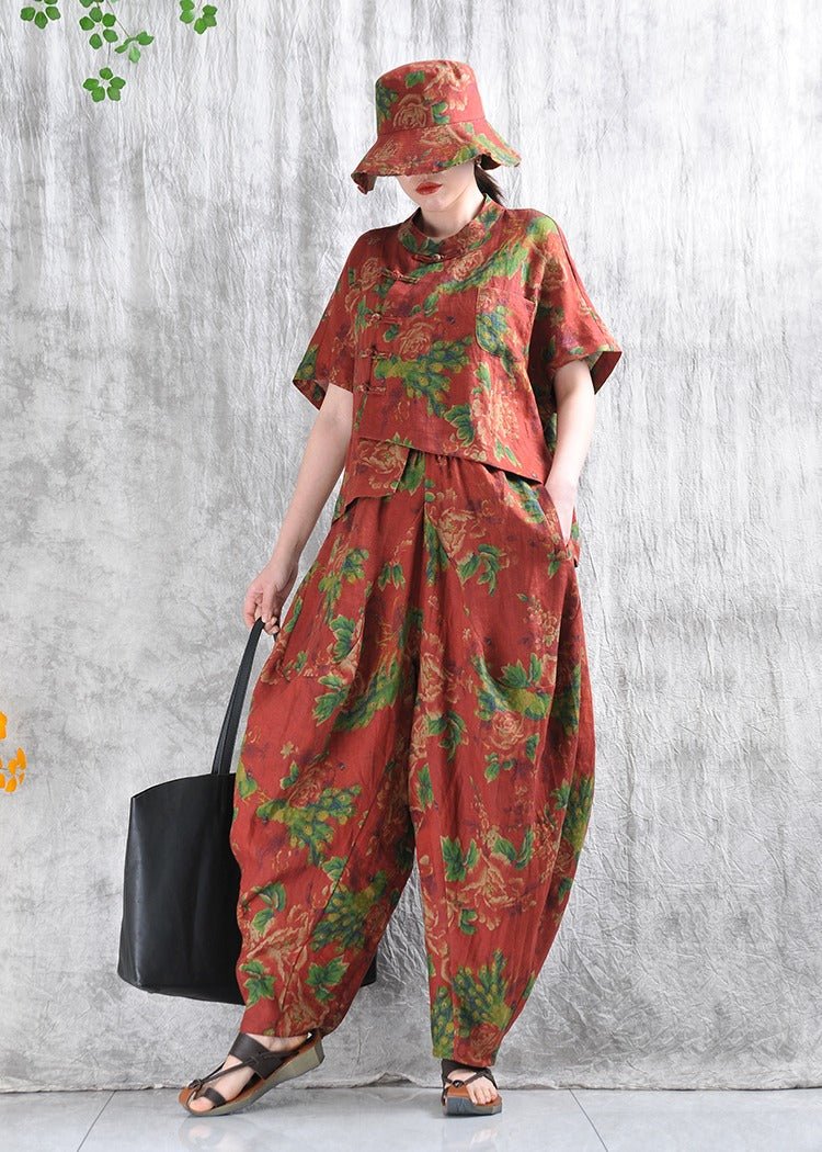 Summer Linen Peony Flower Chinese Button-Down Top Harem Pants Set by Thebesttailor